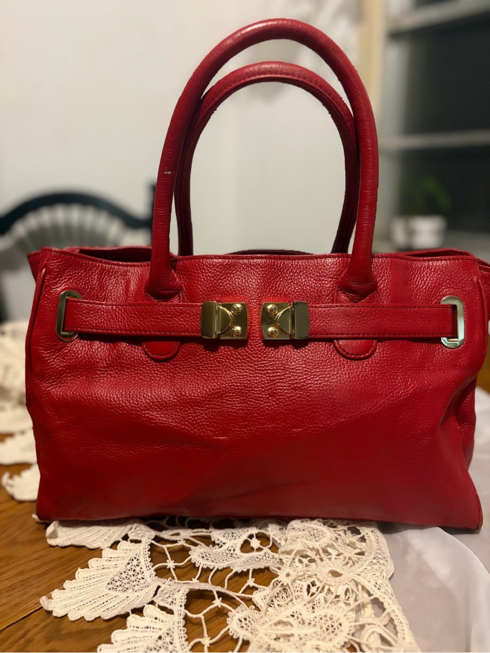 Onna Ehrlich Vintage Cherry Red Pebbled Leather Buckle Satchel Handbag Y2K